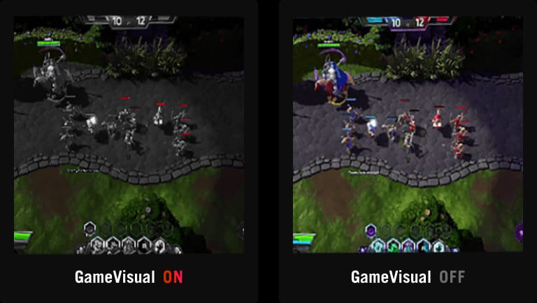 Screenshot of a MOBA game, only the opponent's health bar is colored, with other onscreen elements in black and white. / Screenshot of a MOBA game