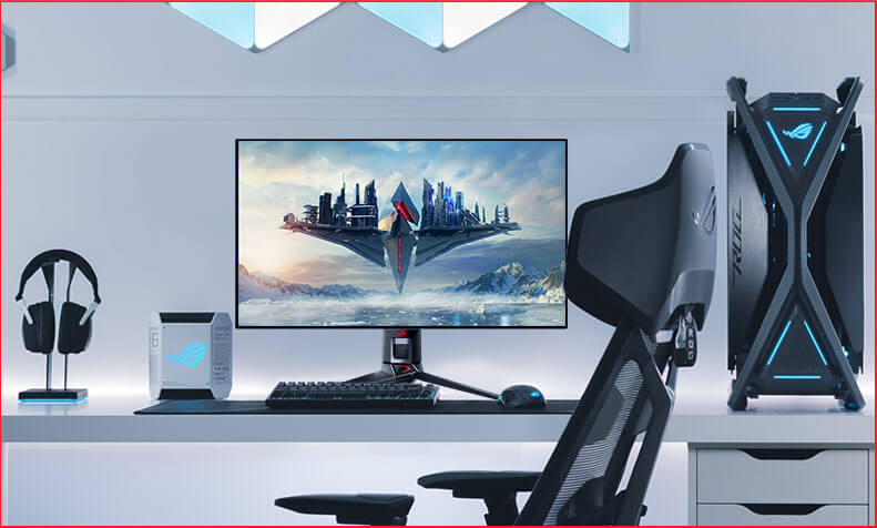 â€A gaming setup featuring a PG32UCDP along with a keyboard, mouse, headset, and PC