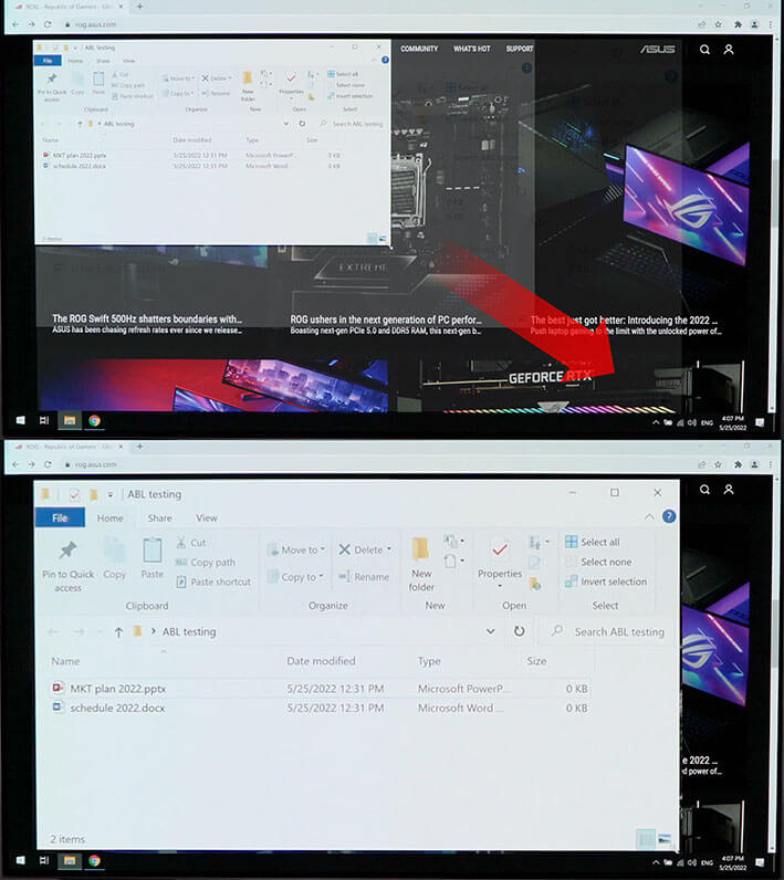 Comparison images showing a white window being enlarged in the first image, with the second image showing no change in display brightness