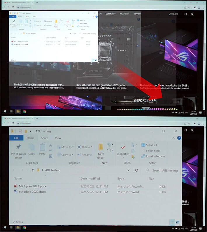 Comparison images showing a white window being enlarged in the first image, with the second image showing a dimmer display.