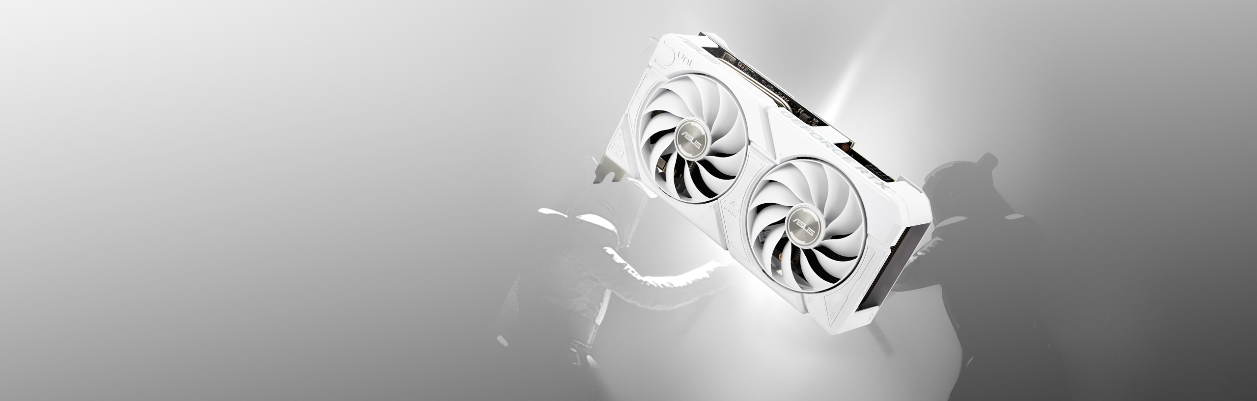 Frontansicht der ASUS Dual GeForce RTX™ 4070 SUPER White Edition Grafikkarte mit zwei kämpfenden Männern im Hintergrund.  