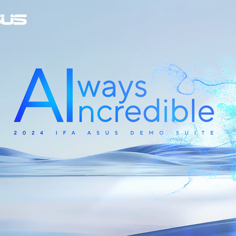 The key visual of ASUS IFA launch event is shown. A blue portal is on the right with futuristic grains floating in front of it as it sits in front of aesthetic waves.