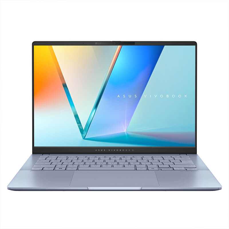 A blue ASUS Vivobook is open and facing the front with a colorful image on display.