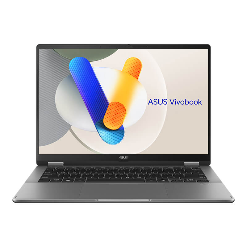 A gray ASUS Vivobook is open and facing the front with a colorful screen image on display.