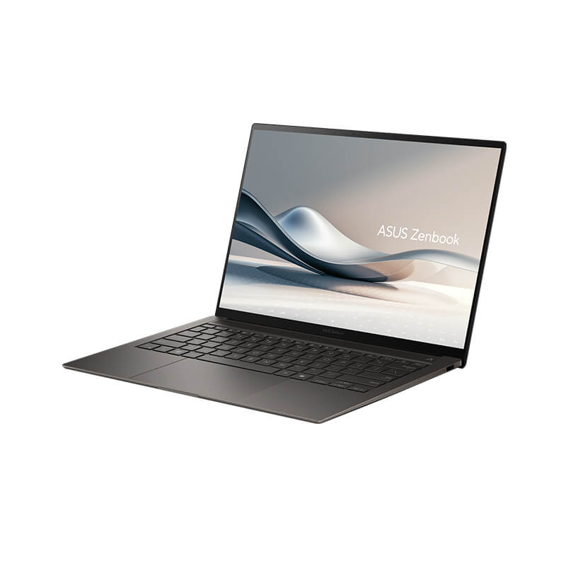 A gray Zenbook is open and slightly facing the left with an aesthetic image on display.