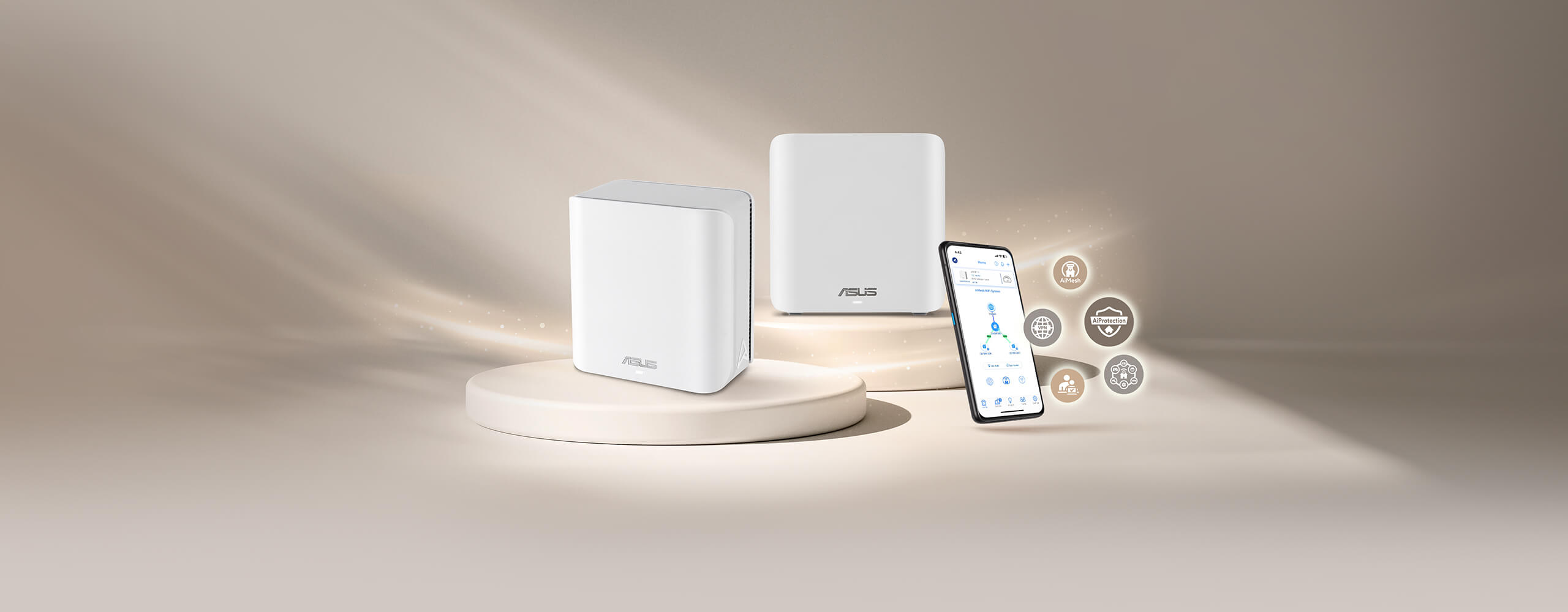 ASUS ZenWiFi BD4 mesh-systeem tentoongesteld met een smartphone die de mesh-topologie-interface toont.