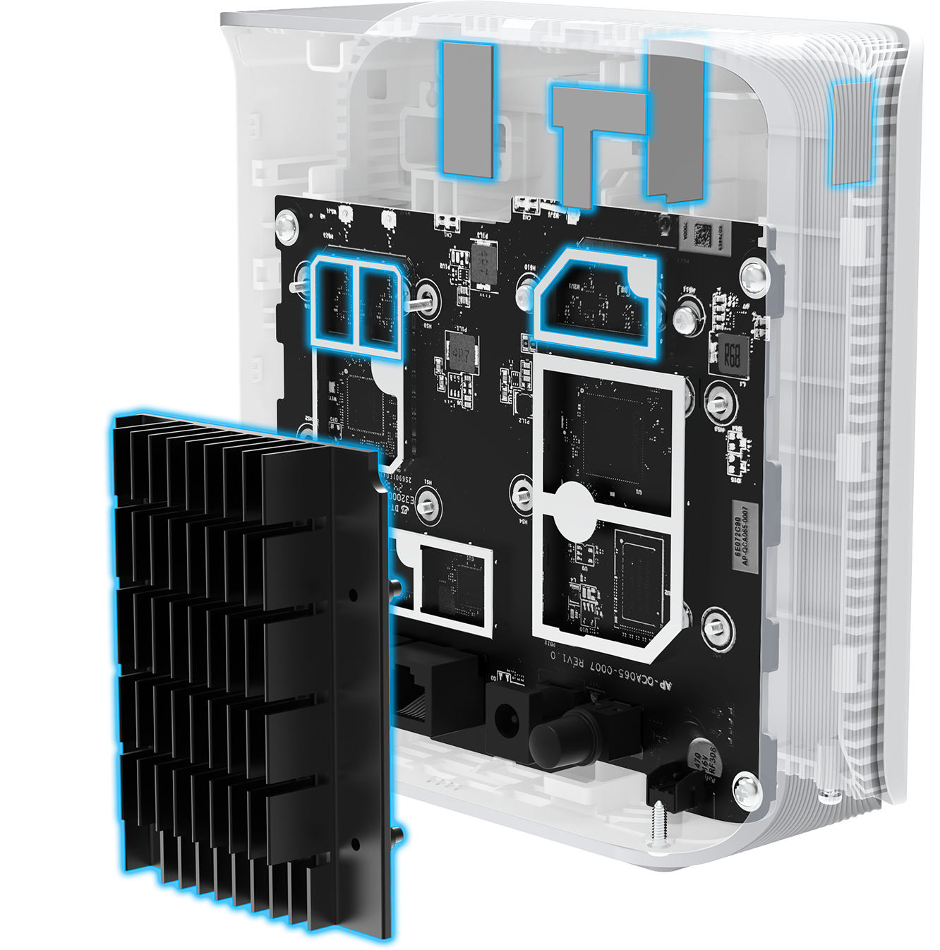 Vista transparente del ZenWiFi BD4 que muestra las 4 antenas internas, los 4 módulos frontales de alta potencia y el disipador térmico de capa de nanocarbono.