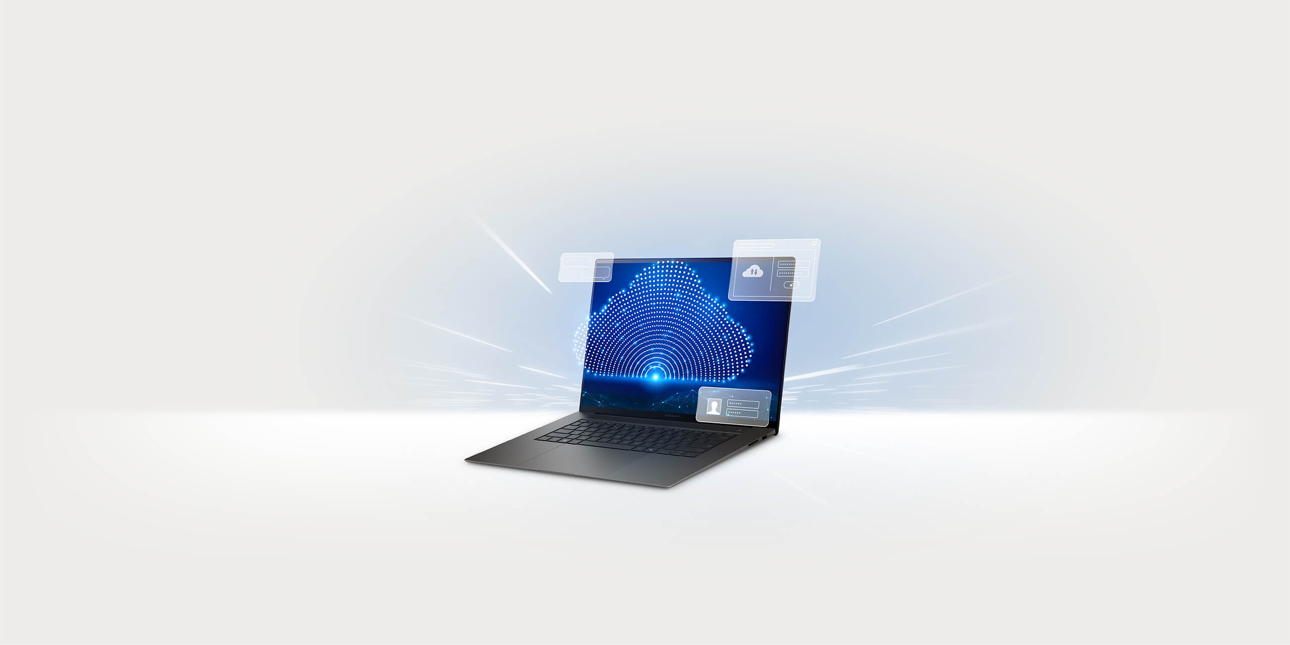 Een laptop toont een digitale wolk, met meerdere pop-up interfacevensters.