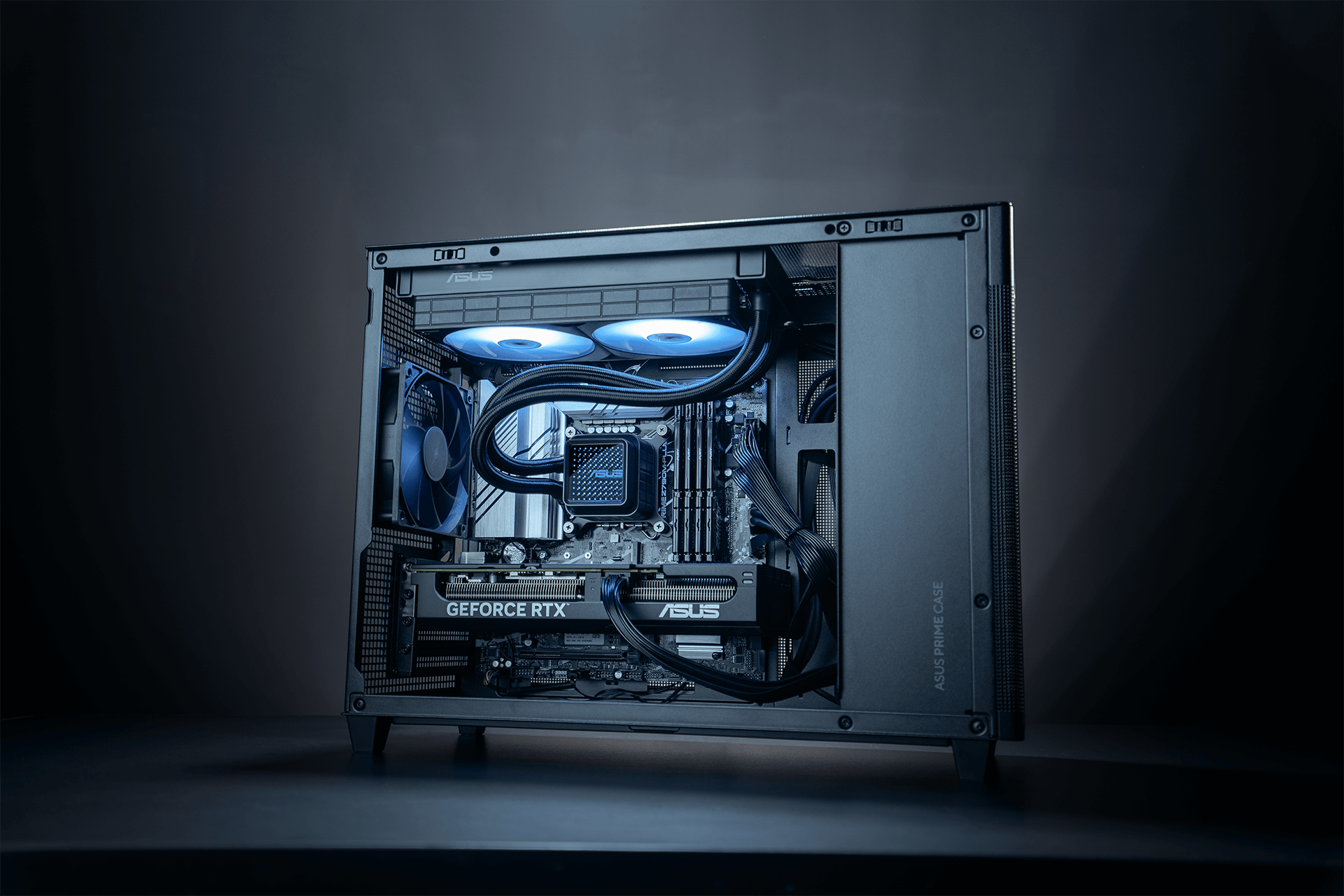 ASUS AP201 PC build side view with Prime RTX 4070 Ti SUPER card