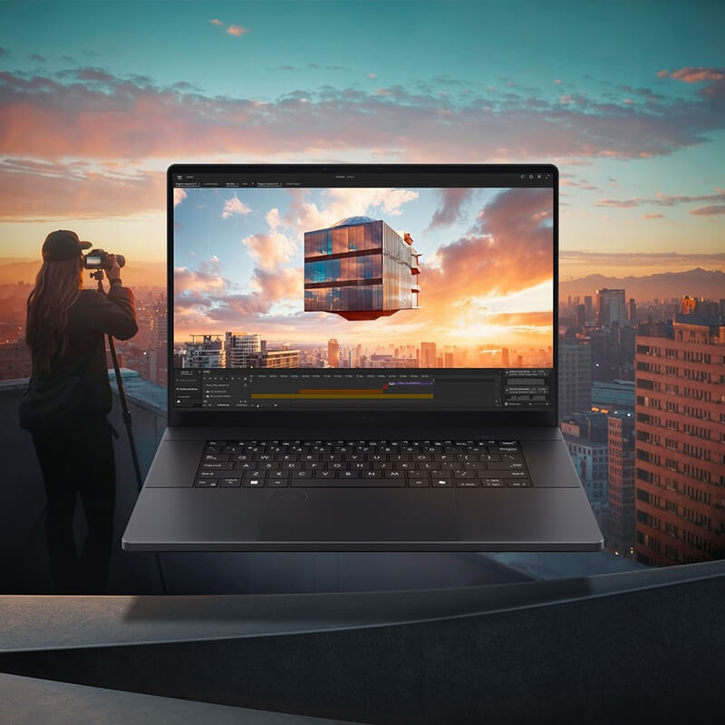 A woman capturing a surreal image displayed on the ProArt P16 laptop.