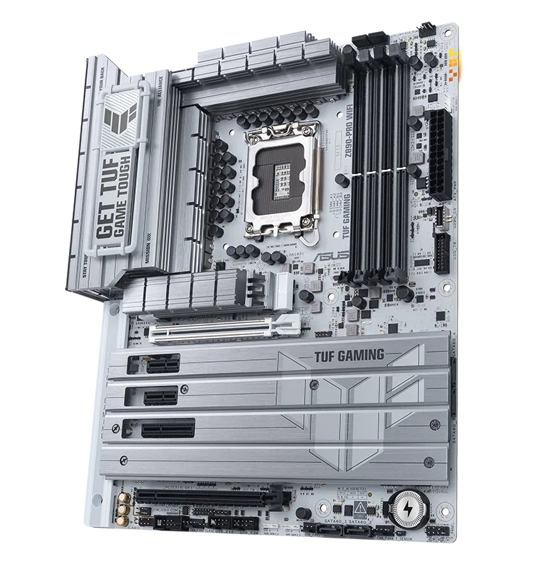 TUF Gaming motherboard front view, 60 degrees, with Aura lighting