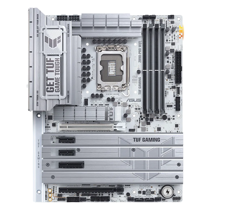 TUF Gaming motherboard front view, with Aura lighting