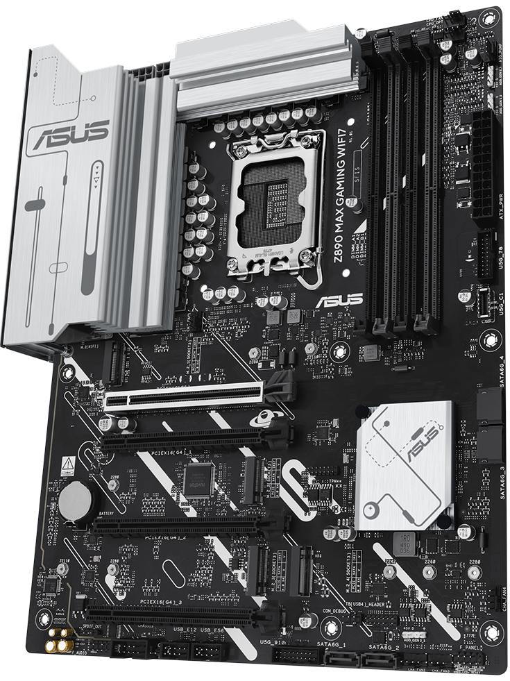 Z890 MAX GAMING WIFI7 motherboard front view, floating in space. 