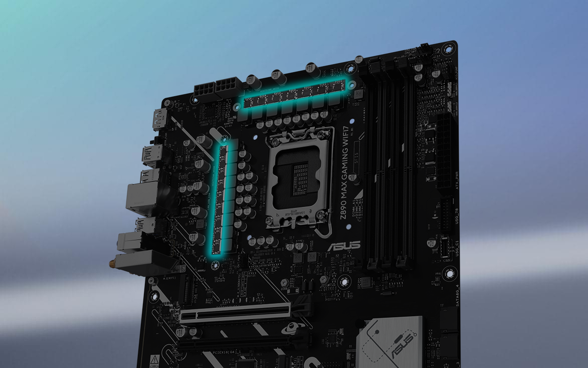 Angled top-down view of Z890 MAX GAMING WIFI7 motherboard. 