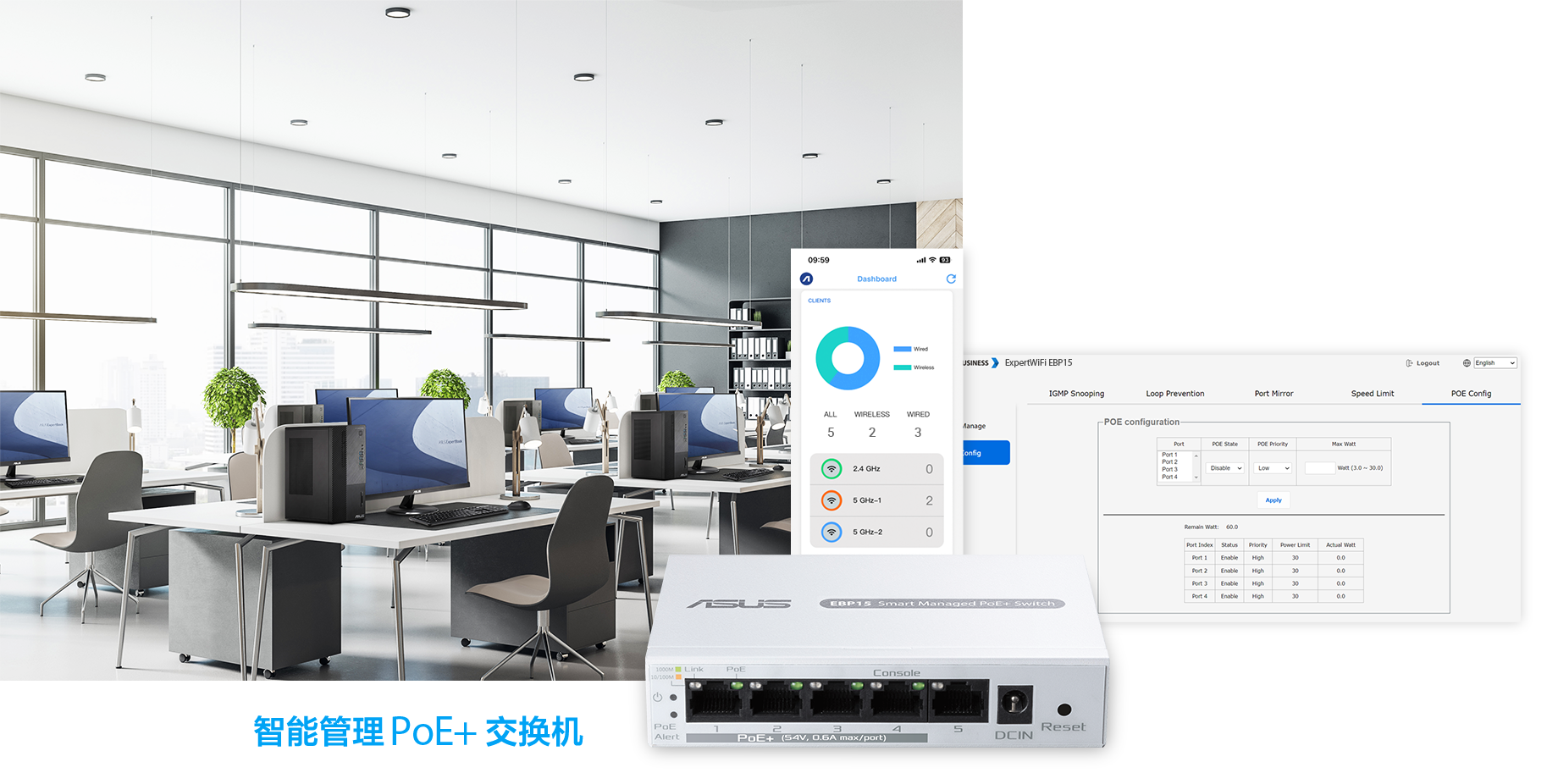 An office scenario featuring the EBP15 PoE access point ceiling mount, spreading WiFi signal coverage.