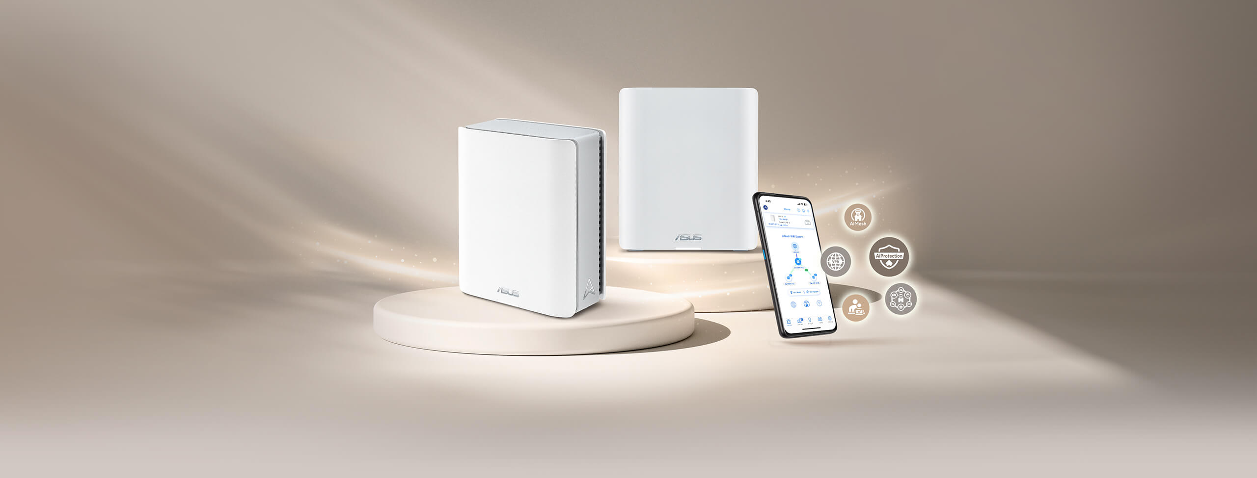 ASUS RT-BE18000 mesh system on display with a smartphone showing the mesh topology interface.