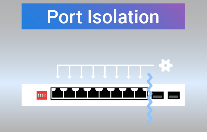 A picture shows how port isolation mode works. When activated, port 1 to 4 are isolated with each other, while communicable with port 5.