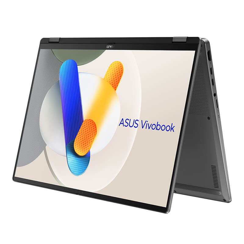 A gray ASUS Vivobook is in tent mode with a colorful image on display.