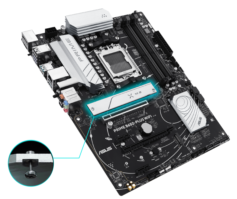 The PRIME B650-PLUS WIFI-CSM motherboard offers M.2 heatsinks.