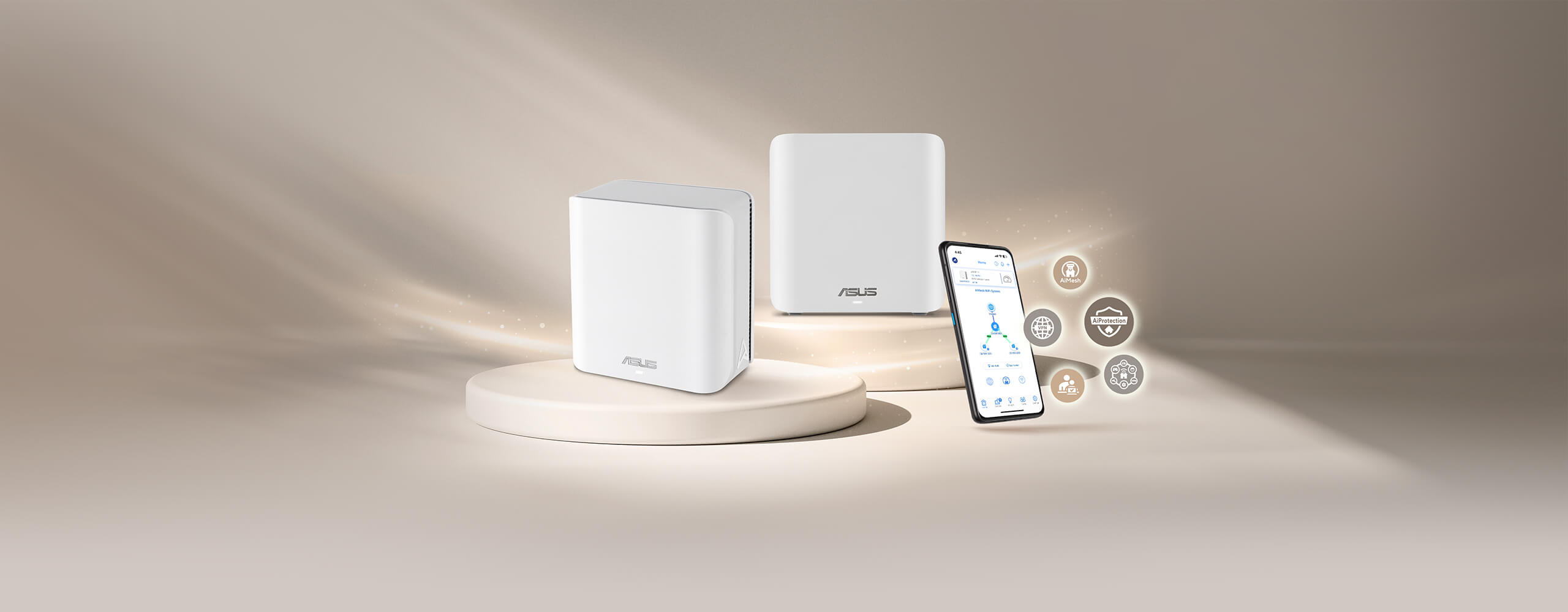 ASUS ZenWiFi BD5 mesh system on display with a smartphone showing the mesh topology interface.