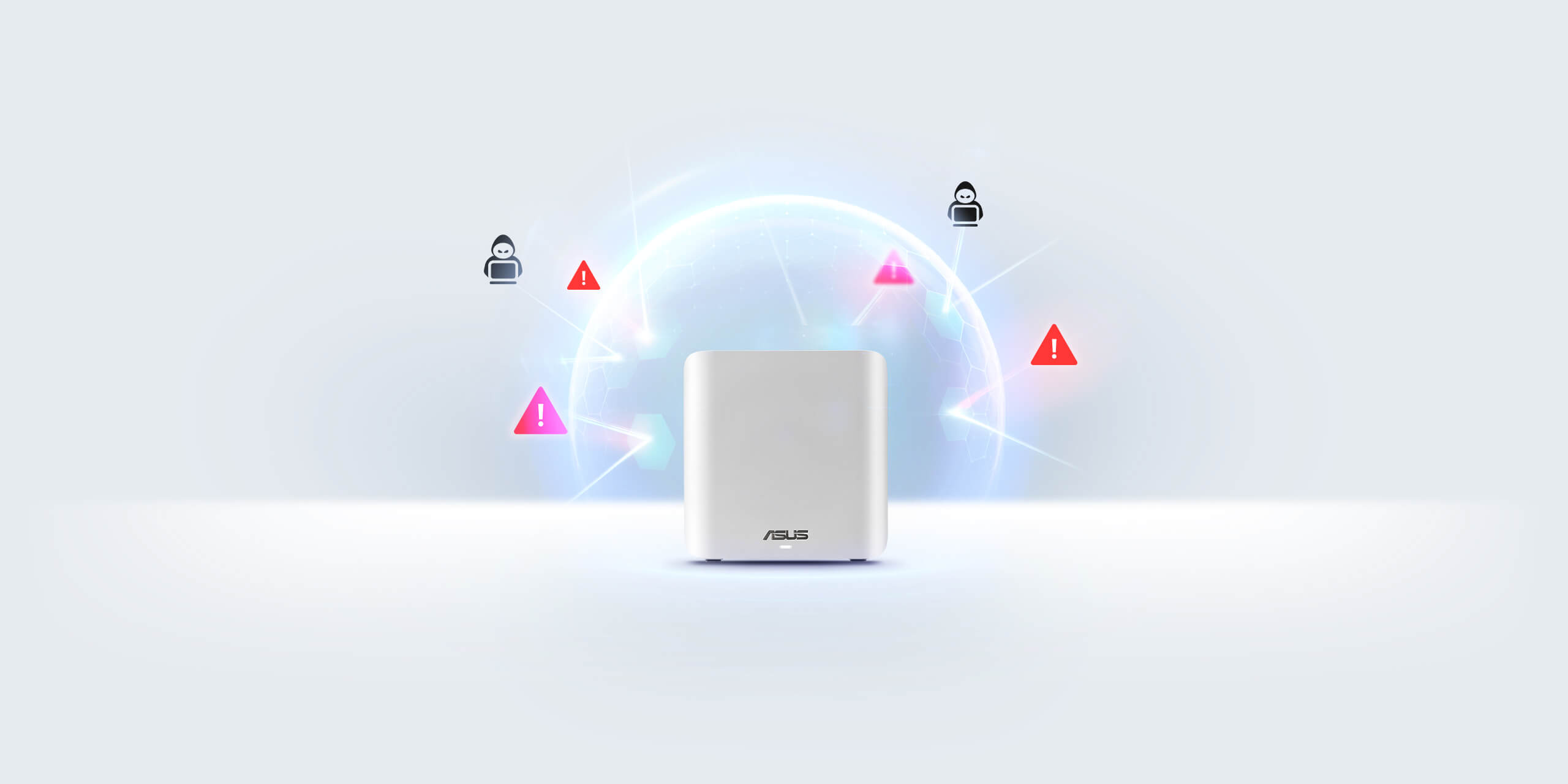 ASUS ZenWiFi BD5 with a digital shield surrounding it, protecting against various online threats.