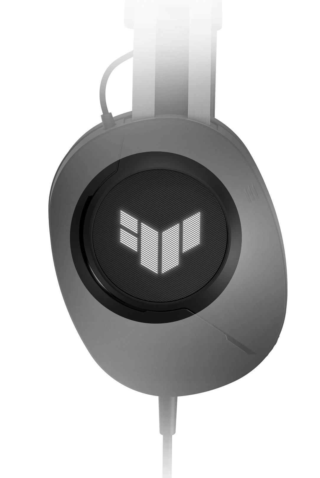 El lado izquierdo del TUF Gaming H1 Gen II con los materiales de diseño para resaltar el logotipo de TUF Gaming en el auricular.