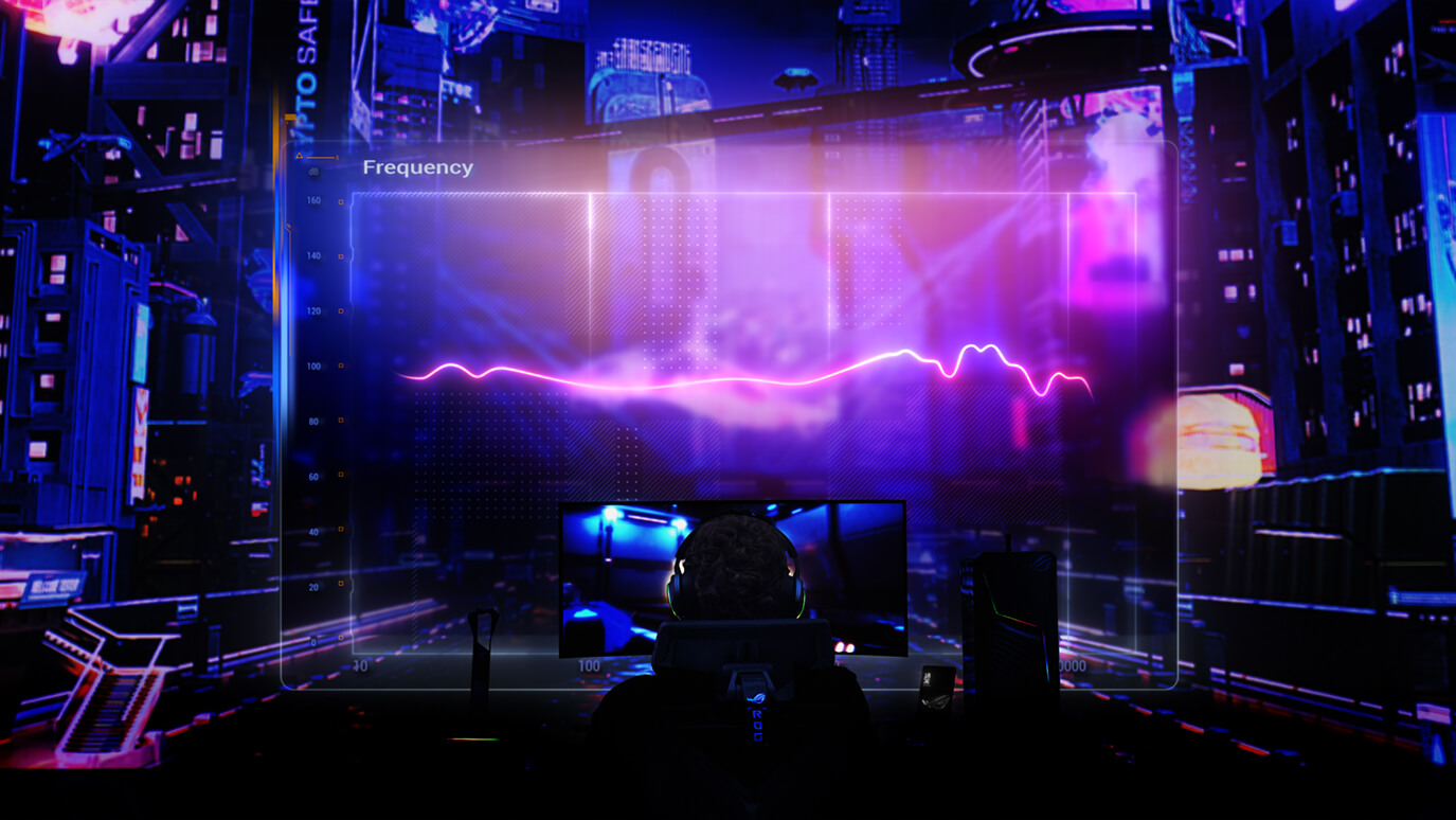 A man sits in front of the gaming desk with the monitor on. The background features the cyberpunk city elements with the chart showing the frequency of ROG Delta II to highlight the balanced, pleasing audio.