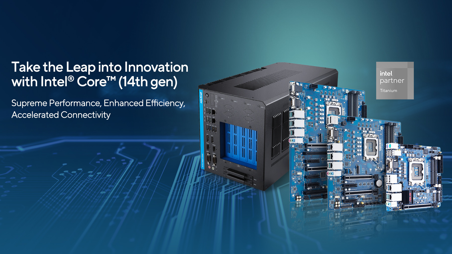 ASUS IoT showcases cutting-edge industrial motherboards and edge AI systems designed for Intel® Core™ processors (14th gen). The image features the ASUS edge computer, industrial motherboards, and the Intel partner logo against a blue background