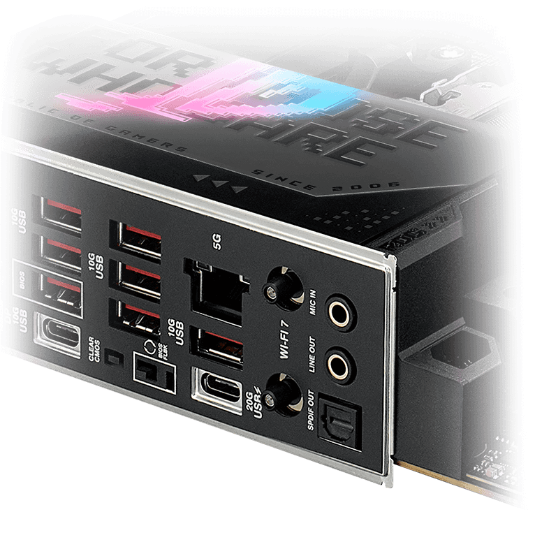 The Strix X870E-E features a USB 20Gbps rear I/O port with 30W charging.