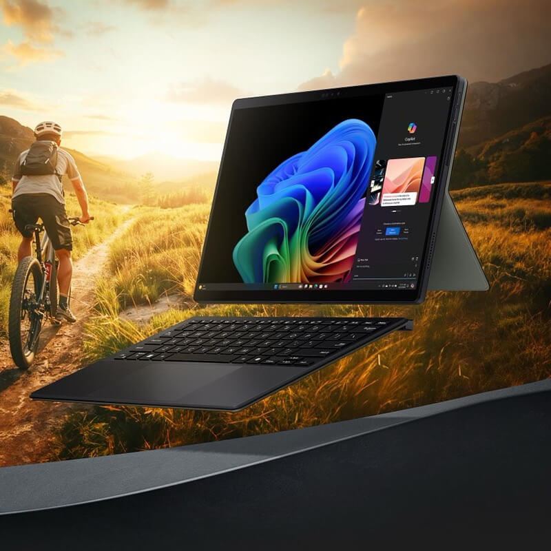 A left-facing laptop image with cycling background and video editing UI.