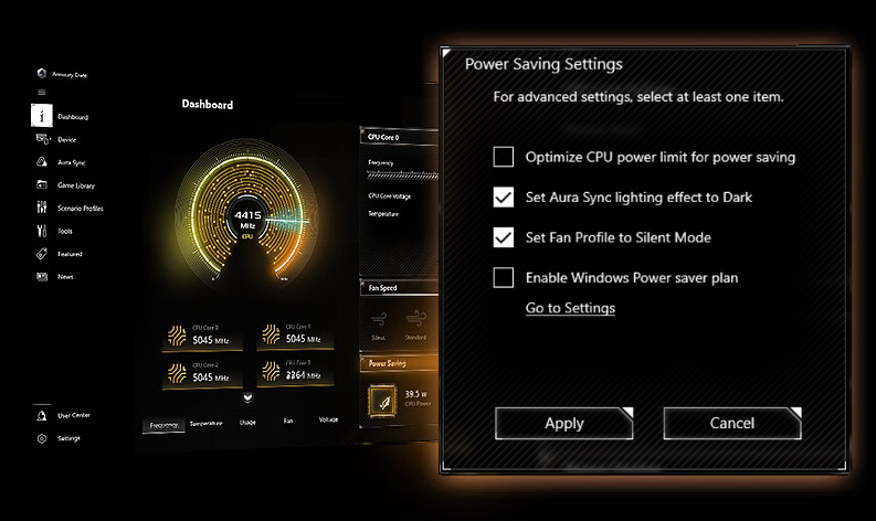 An Armoury Crate‘s UI to show energy efficient can be setup by Power Saving Settings