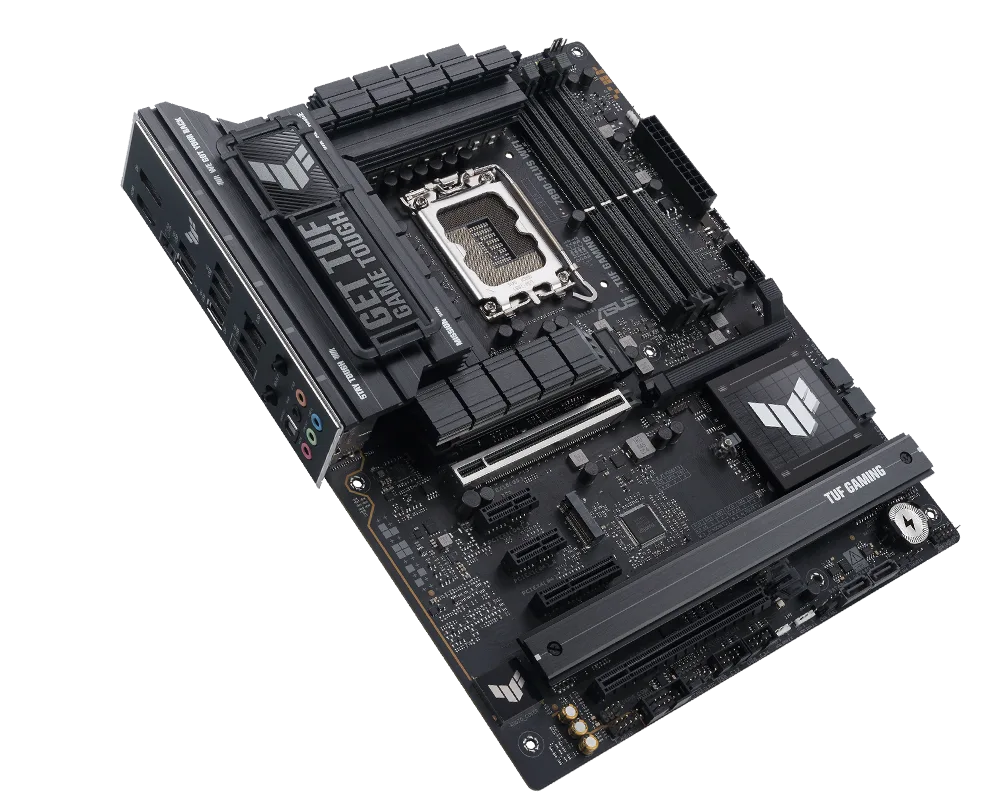 TUF Gaming motherboard front view, 45 degrees