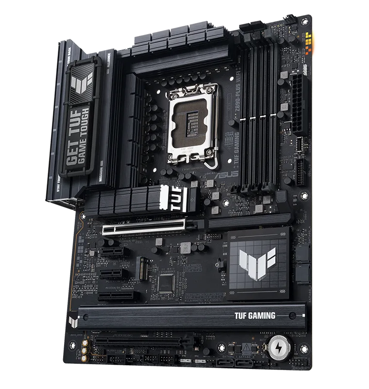 TUF Gaming motherboard front view, 60 degrees, with Aura lighting