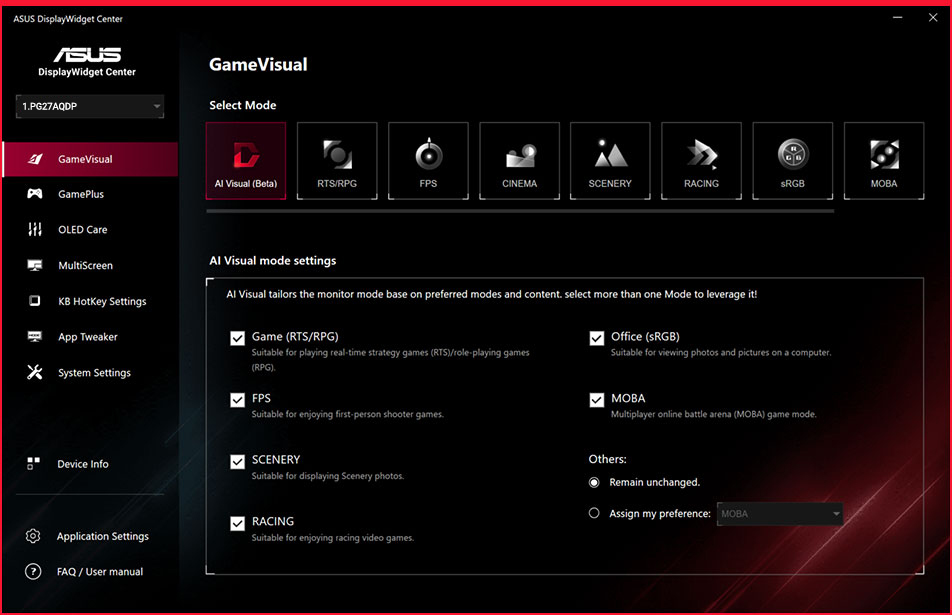 Capture d'écran de la nouvelle interface utilisateur ASUS DisplayWidget Center affiche les paramètres du système, les fonctions OLED, etc.