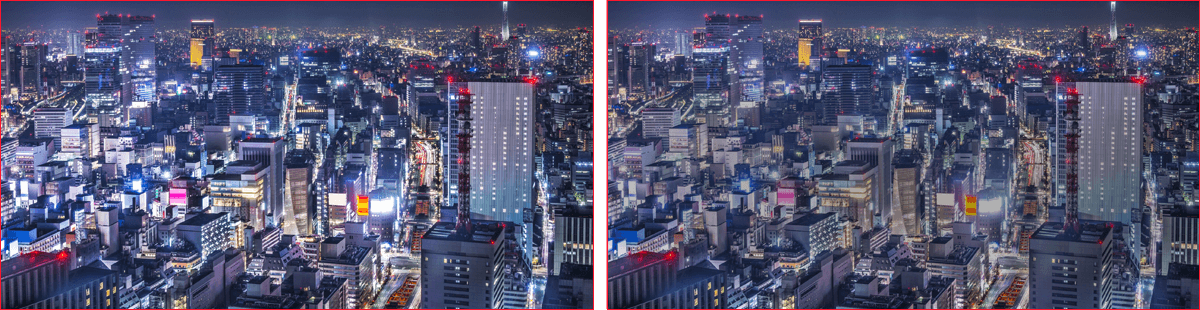 Vue nocturne d'une ville moderne. / La vue nocturne d'un paysage urbain avec l'effet d'assombrissement activé sur certains points lumineux de l'image.