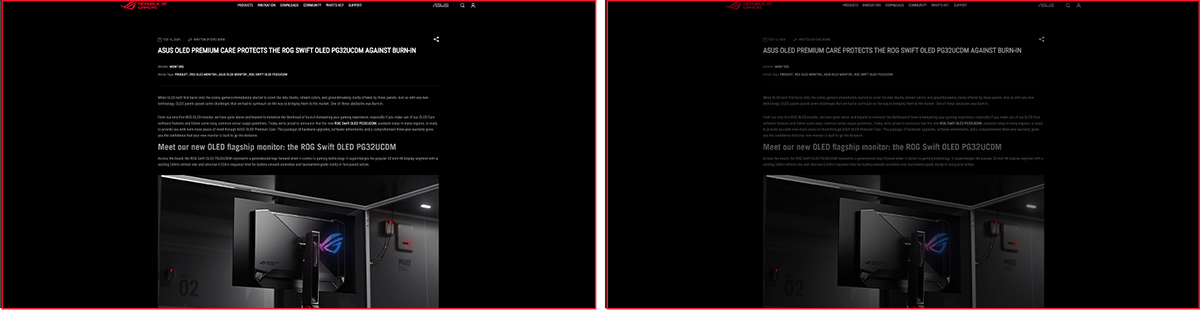 Capture d'écran d'un article web du ROG. / Capture d'écran d'un article du site web du ROG avec l'écran tamisé.