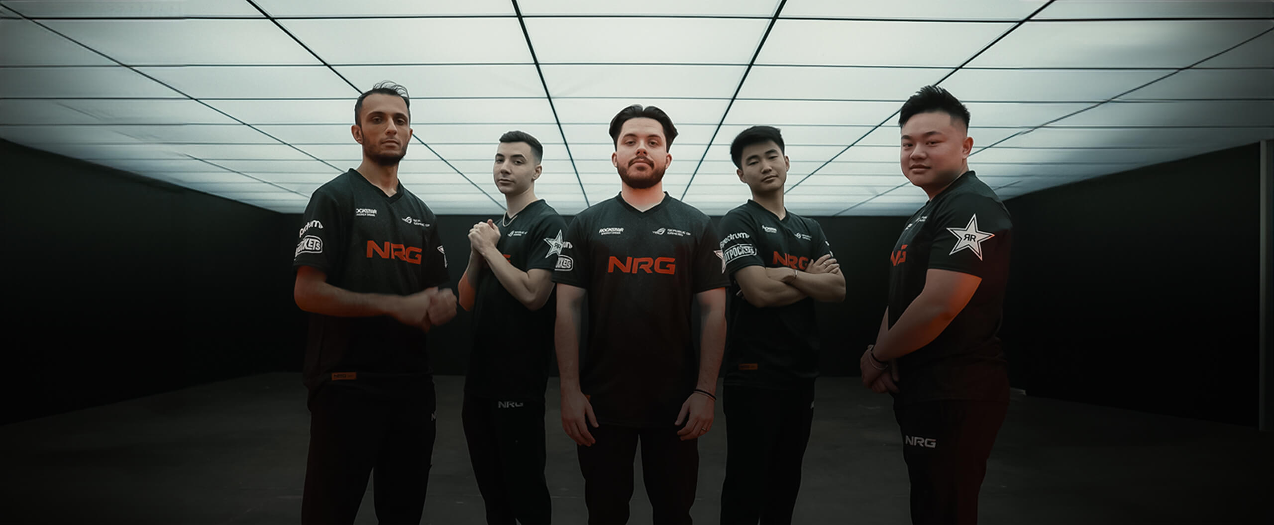 A photo of the roster of NRG VALORANT team players; from left to right, it’s FNS, Crashies, Ethan, s0m, Victor