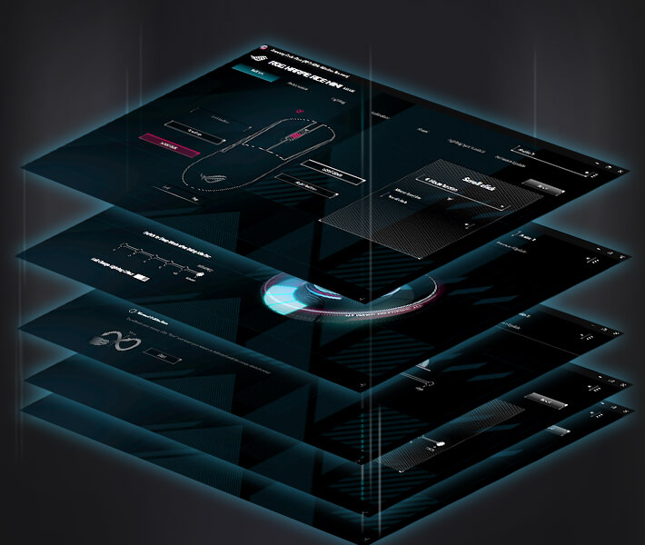 The UI of each Armoury Crate Gear tab for the ROG Harpe Ace Mini stacked up together