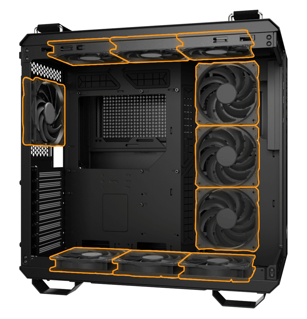 TUF Gaming GT502 Horizon with 10 fans installed in main chamber