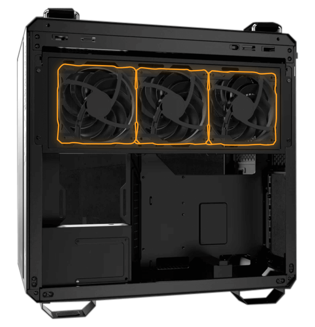 TUF Gaming GT502 Horizon with 3 fans installed in rear chamber