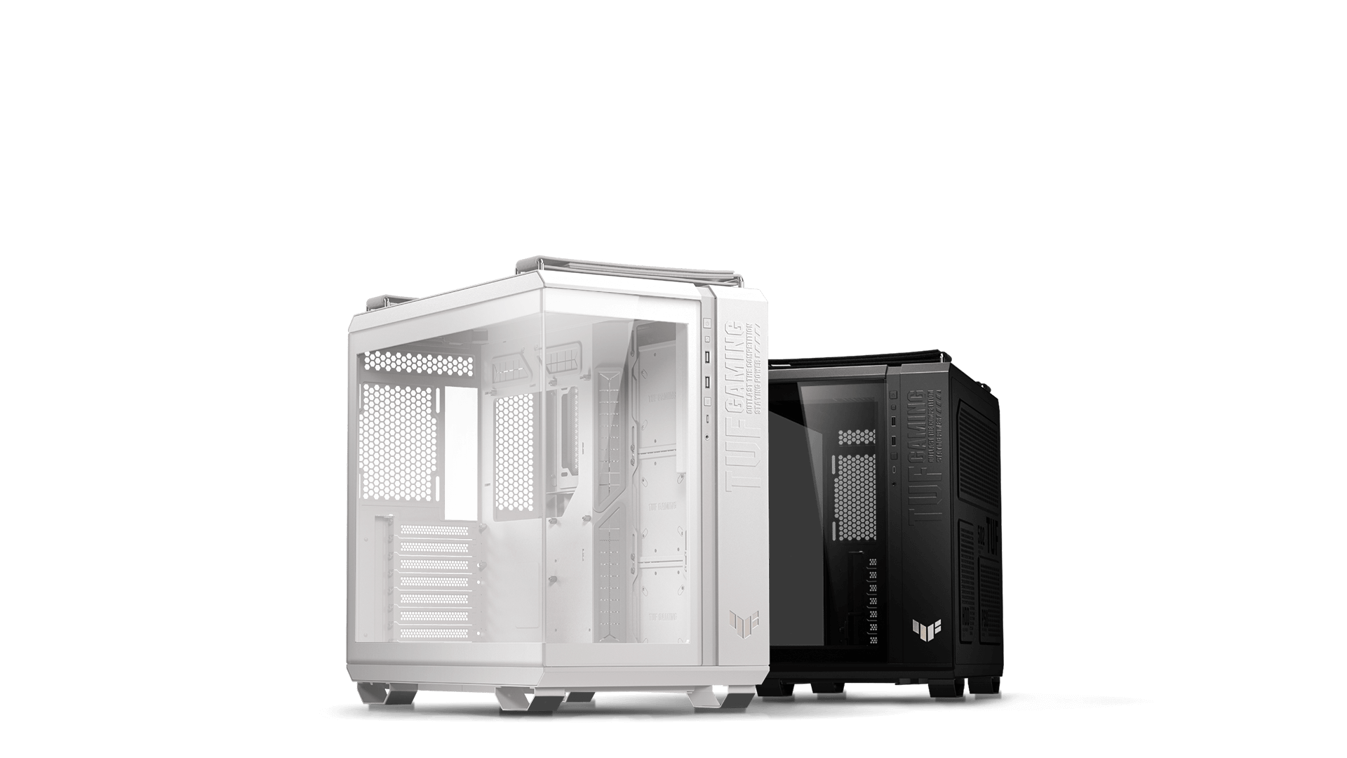 A black and a white TUF Gaming GT502 Horizon PC case side-by-side