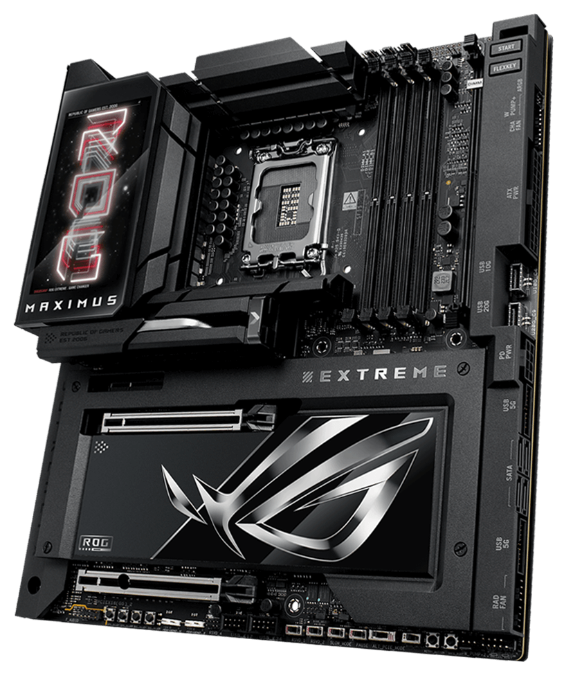 The ROG Maximus Z890 Extreme left sided angle